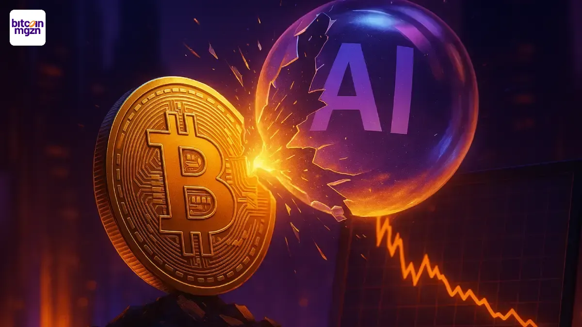 Bitcoin koersval met barstende AI-bubbel die techvolatiliteit toont