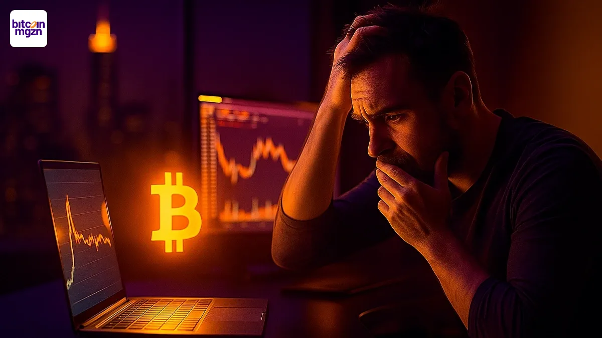 Beeld van een crypto-trader die verlies lijdt op Bitcoin maar vertrouwen houdt in Ethereum, met schermen vol koersgrafieken.