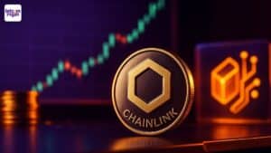 Chainlink tokenization weergegeven met futuristische financiële technologie in paarse en oranje tinten