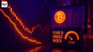 Dalende grafiek en Fear & Greed-index in oranje-paars licht tonen spanning en angst op de cryptomarkt.