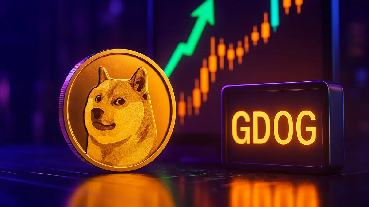 Dogecoin ETF met GDOG ticker naast stijgende grafiek en groene koersbeweging