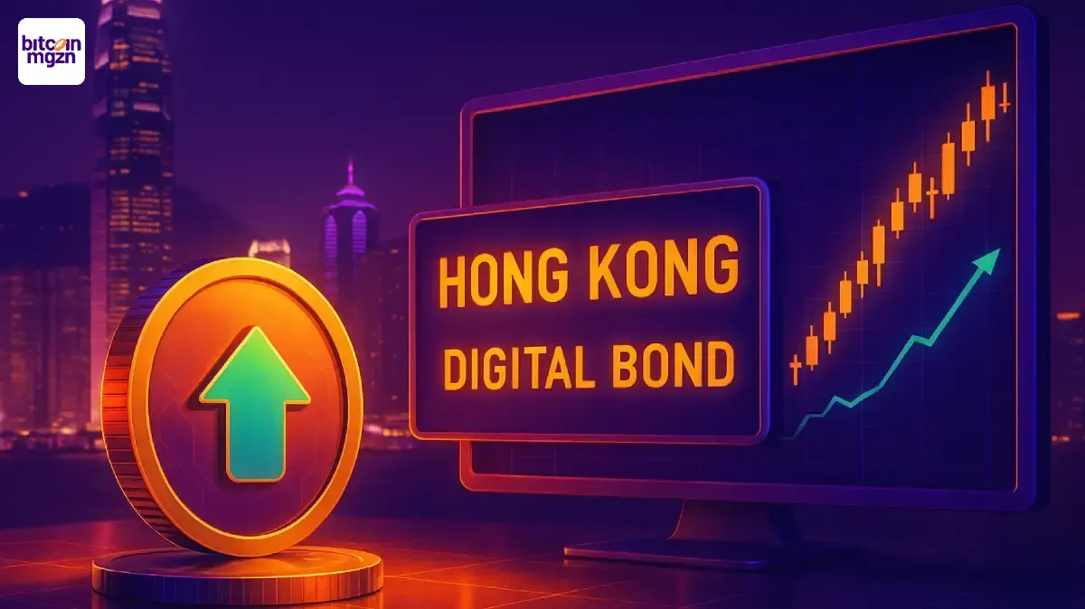 Hong Kong toont groeiende digitale obligatiemarkt met blockchaintechnologie en stijgende grafiek in paars-oranje tinten