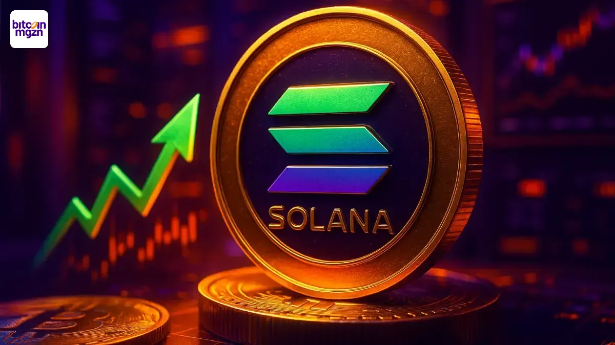 Solana staking ETF met een futuristische Solana-munt en stijgende marktindicatoren in paarse en oranje belichting