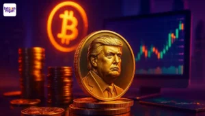 ouden Trump-munt tussen digitale munten en koersgrafiek in paarse en oranje belichting, symbool voor Trump crypto inkomsten
