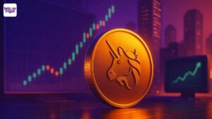 Uniswap governance toont groei met UNI token burn, stijgende grafieken en futuristische financiële sfeer