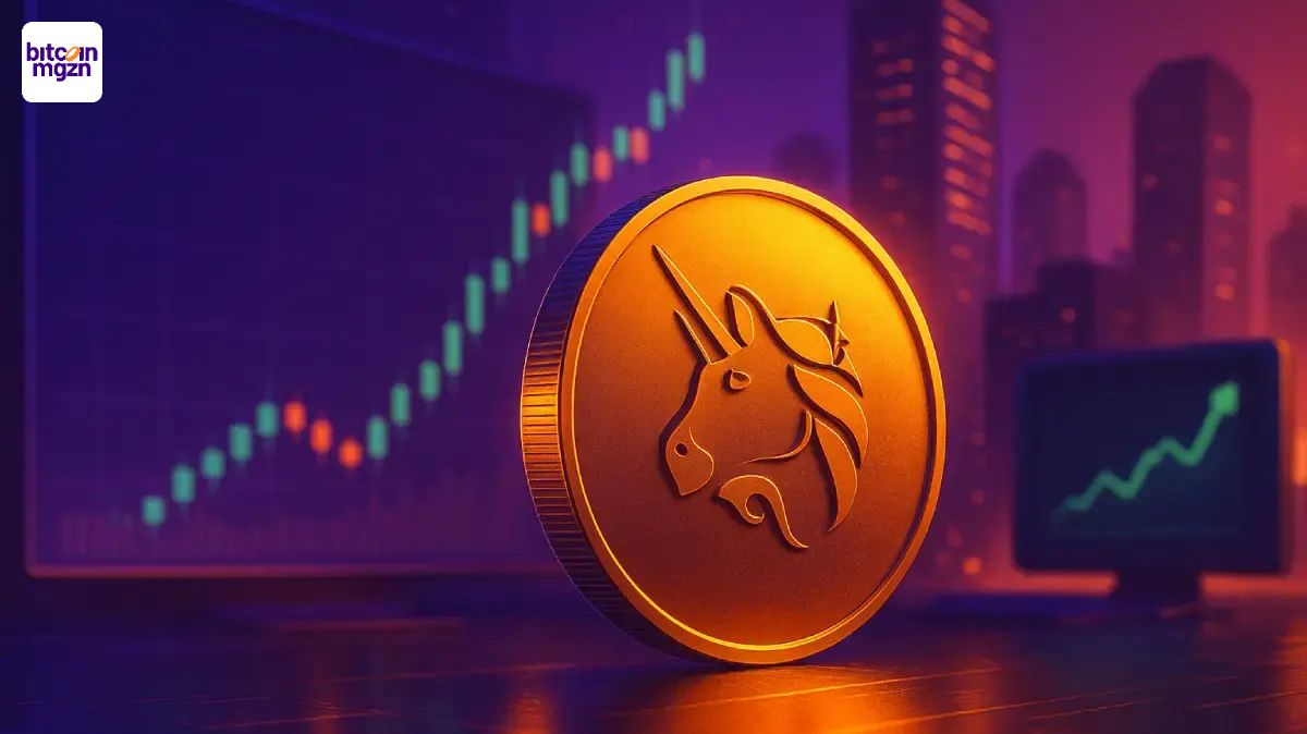 Uniswap governance toont groei met UNI token burn, stijgende grafieken en futuristische financiële sfeer