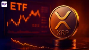 XRP ETF met hoog handelsvolume naast een dalende XRP koers in een paars-oranje financiële setting
