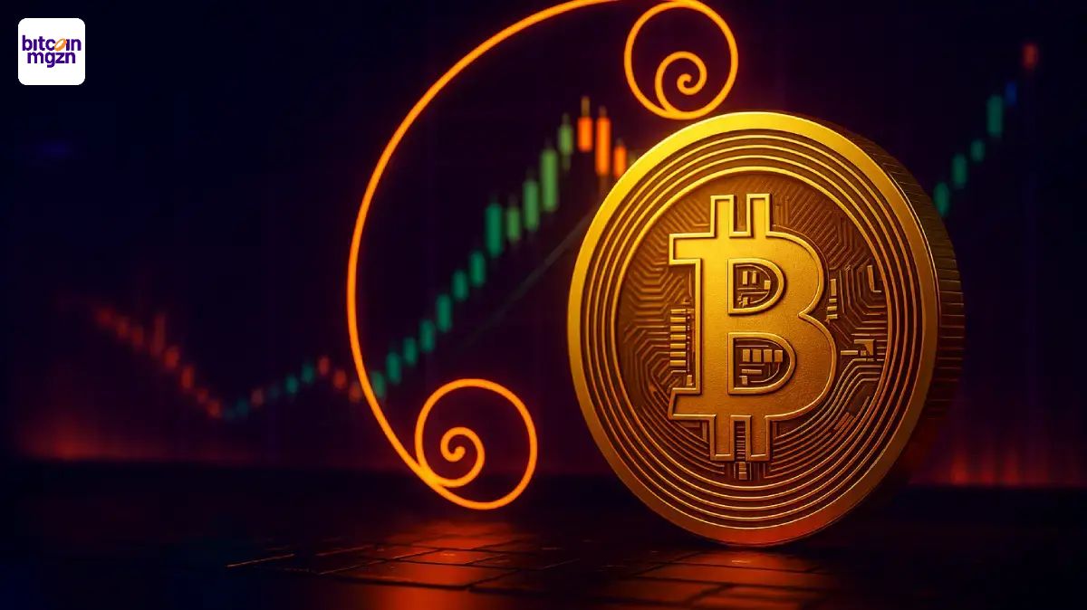 Visuele Fibonacci-vorm rond Bitcoin die de marktpositie en beweging van Bitcoin duidelijk maakt.