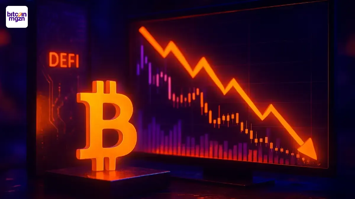 Dalende marktgrafiek met focus op de Bitcoin koers tijdens een scherpe neerwaartse beweging