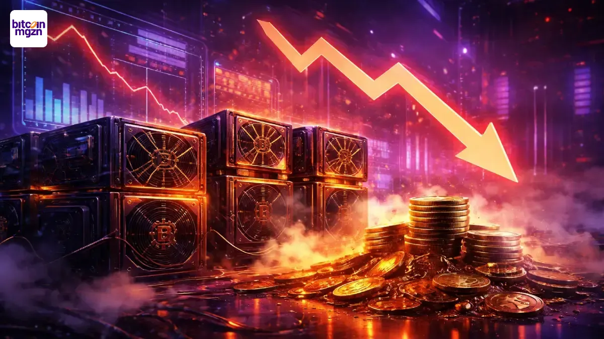 Fotorealistische visualisatie van Bitcoin-mining onder druk met dalende winstgevendheid en moderne miningapparatuur