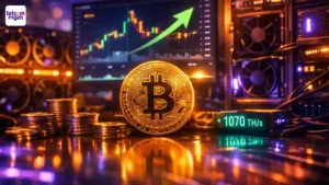 Visualisatie van toenemende netwerkdruk binnen Bitcoin door hogere mining difficulty en rekenkracht.