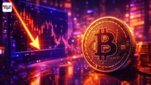 Visuele weergave van Bitcoin verkoopdruk tijdens afkoelende cryptomarkt met digitale financiële sfeer