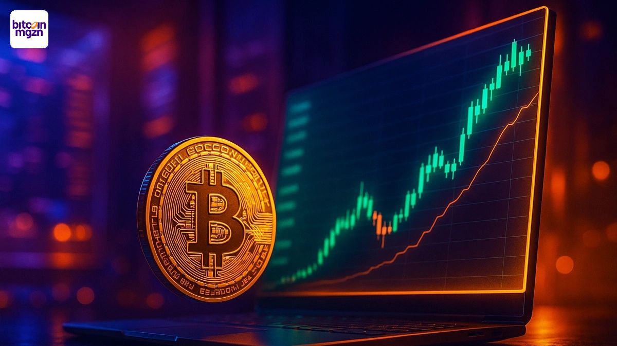 Visualisatie van de waardekloof tussen Bitcoin en het aandeel Strategy, met futuristische financiële sfeer
