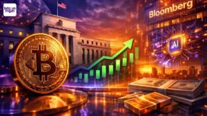 Futuristische visualisatie van Bloomberg, macro-economie en financiële markten rond Bitcoin richting 2026