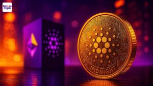 Visuele weergave van Cardano Midnight als privacygerichte sidechain met digitale en futuristische blockchain-elementen.