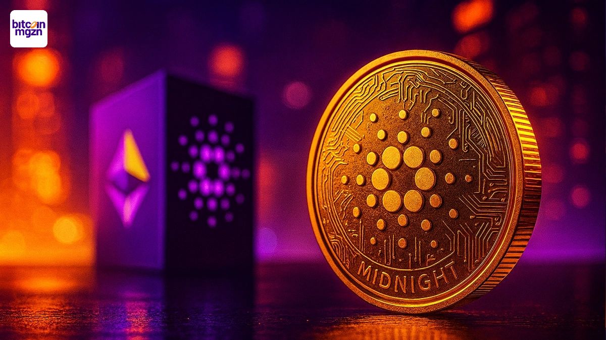 Visuele weergave van Cardano Midnight als privacygerichte sidechain met digitale en futuristische blockchain-elementen.