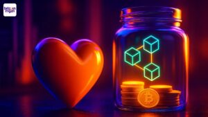 Visualisatie van crypto donaties en blockchaintechnologie die transparantie in liefdadigheid laat zien