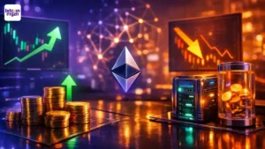 Visuele weergave van Ethereum staking met instroom en uitstroom, symbolisch voor veranderende balans binnen het netwerk