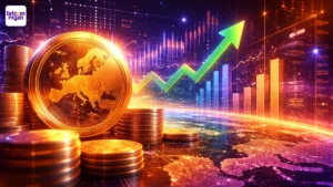 Visuele weergave van groeiend crypto-bezit in Europa met digitale financiële elementen en futuristische sfeer