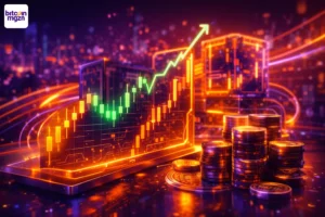 Visualisatie van on-chain Futures met stijgende grafiek en digitale handelsinfrastructuur