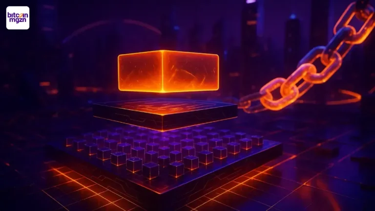 Fotorealistische weergave van een zk rollup die transacties bundelt in een futuristische paarse en oranje digitale omgeving.