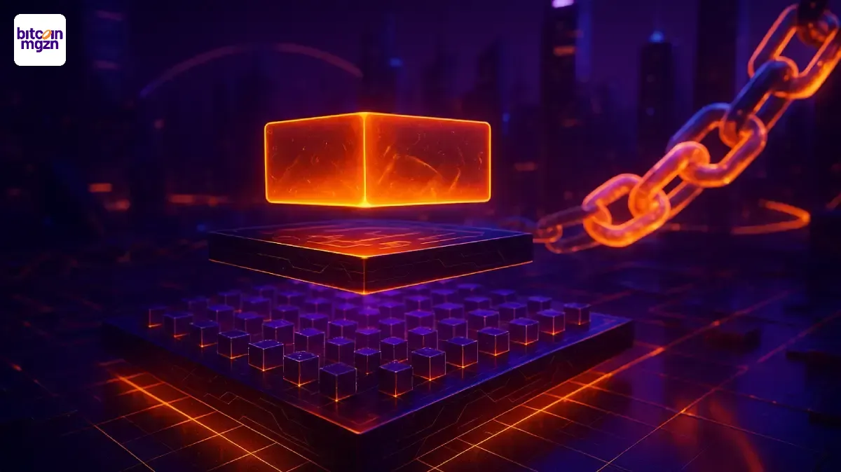 Fotorealistische weergave van een zk rollup die transacties bundelt in een futuristische paarse en oranje digitale omgeving.
