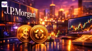Visuele weergave van JP Morgan en de gematigde groei van de stablecoinmarkt binnen een gereguleerd financieel landschap