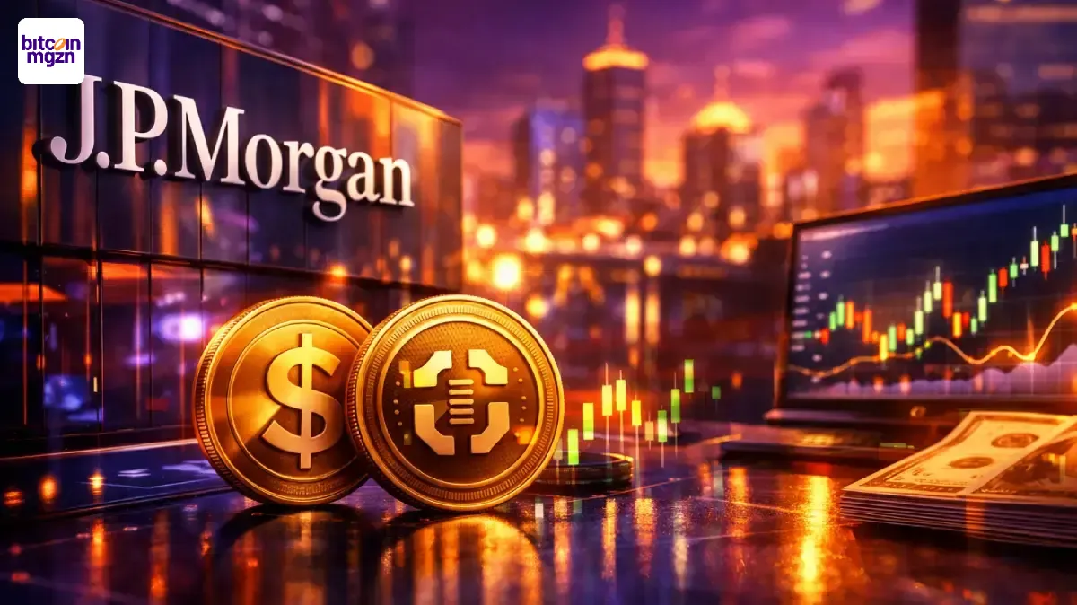 Visuele weergave van JP Morgan en de gematigde groei van de stablecoinmarkt binnen een gereguleerd financieel landschap