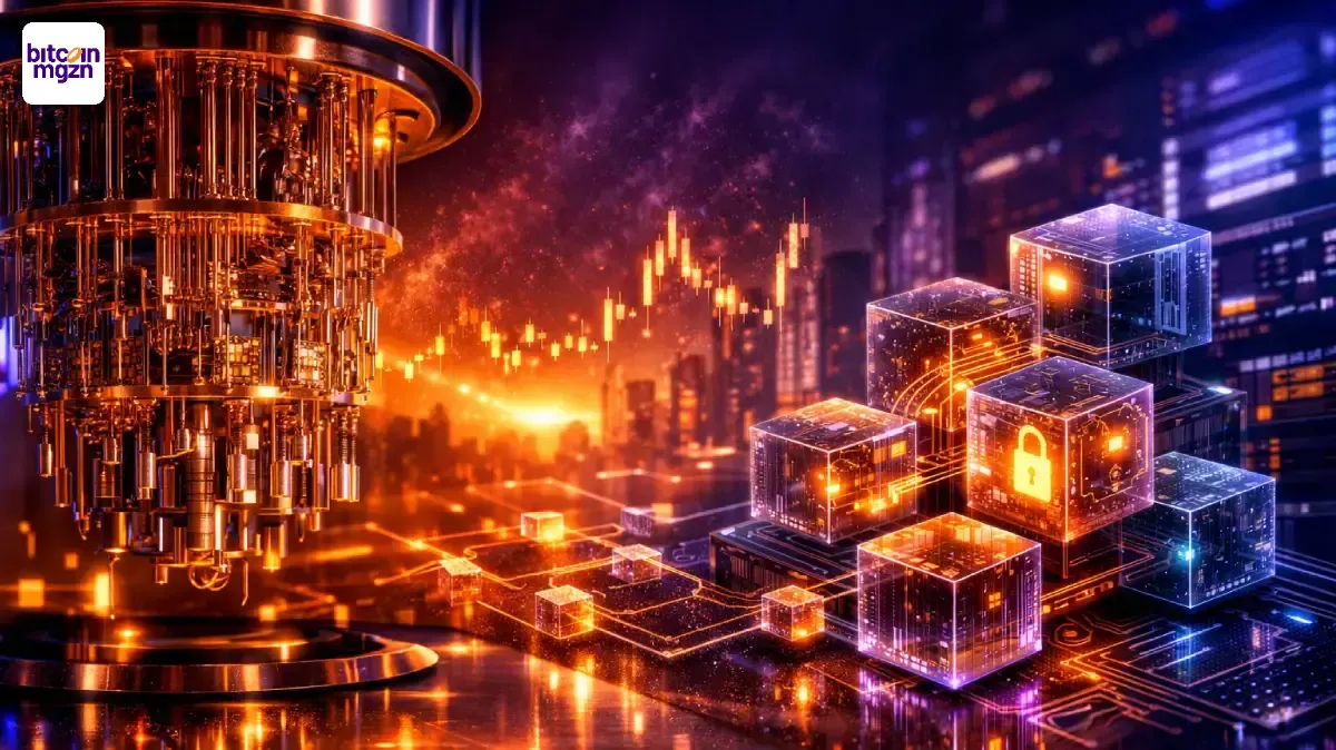 Visuele weergave van quantumtechnologie en blockchainbeveiliging in een futuristische crypto-omgeving