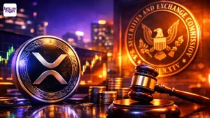 Visuele weergave van het juridische conflict tussen Ripple en de SEC rond XRP en crypto-regulering