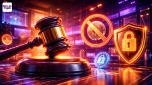 Futuristische illustratie van SEC-toezicht op crypto-promoties door influencers zonder licentie