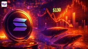 Visuele weergave van Solana onder 130 dollar met whales en koersdaling in een futuristische crypto-omgeving
