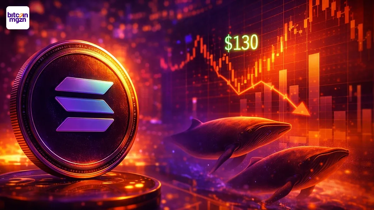 Visuele weergave van Solana onder 130 dollar met whales en koersdaling in een futuristische crypto-omgeving