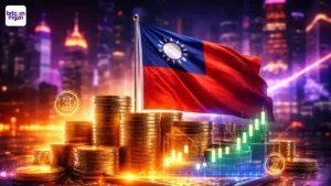 Taiwanese overheid symbolisch weergegeven met digitale activa en juridische structuren in een futuristische financiële omgeving