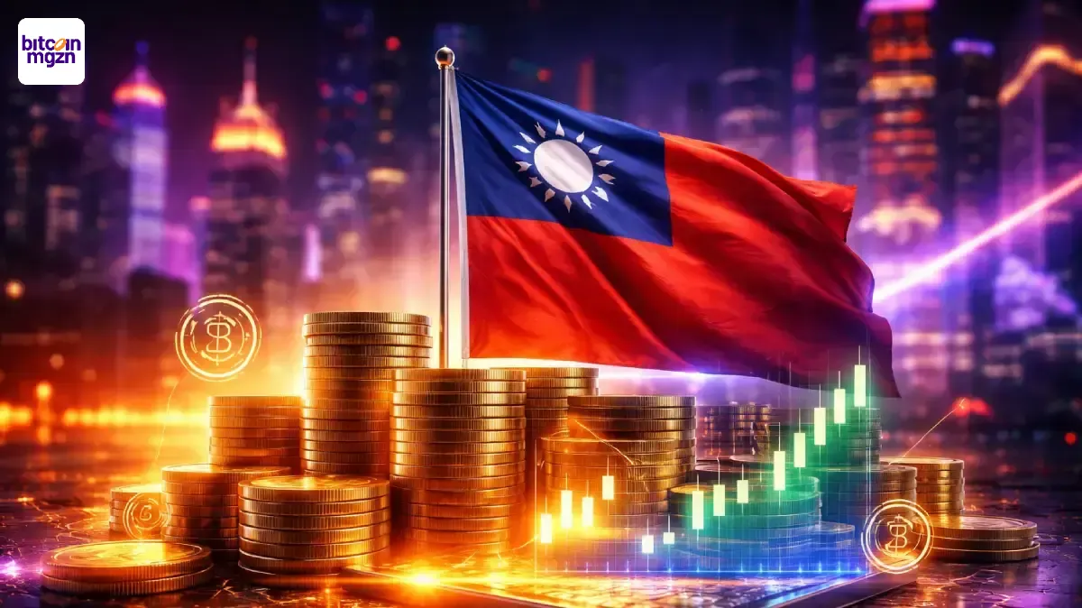 Taiwanese overheid symbolisch weergegeven met digitale activa en juridische structuren in een futuristische financiële omgeving