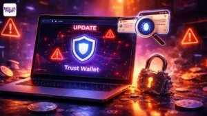 Trust Wallet hack in beeld met laptop, wallet interface en update-waarschuwing voor veiliger self-custody