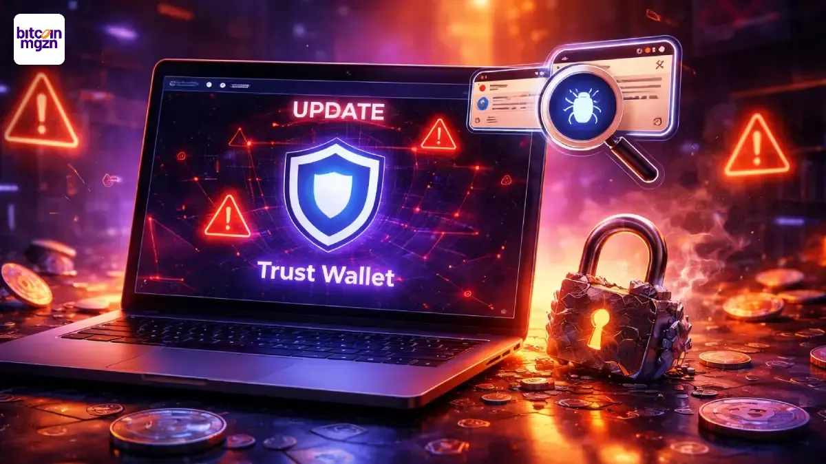 Trust Wallet hack in beeld met laptop, wallet interface en update-waarschuwing voor veiliger self-custody