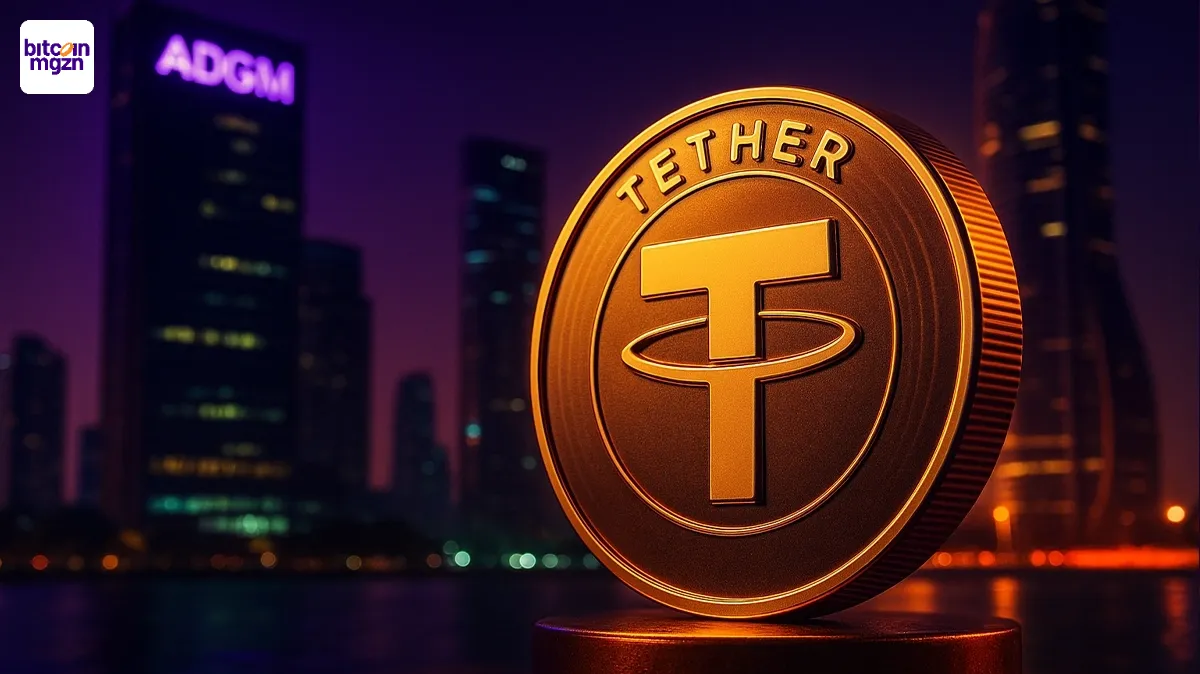 Tether stablecoin erkend door ADGM in Abu Dhabi in een moderne financiële setting