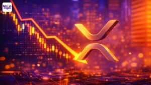Fotorealistische illustratie van XRP met dalende koerslijn en futuristische financiële sfeer