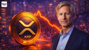XRP-munt met dalende koersgrafiek die verkoopdruk en marktcorrectie rond XRP visualiseert