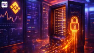 Futuristische serverruimte met datalek visuals rond Binance en gelekte inloggegevens