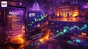 Futuristische handelstafel met beleid-documenten, ETF-grafieken en Washington-gebouwen in paars-oranje licht.