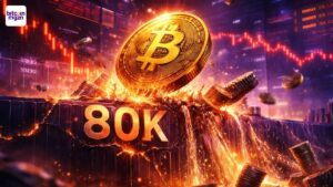 Bitcoin breekt 80K support in een paarse trading scene met rode charts en een liquidatiegolf die omlaag stroomt