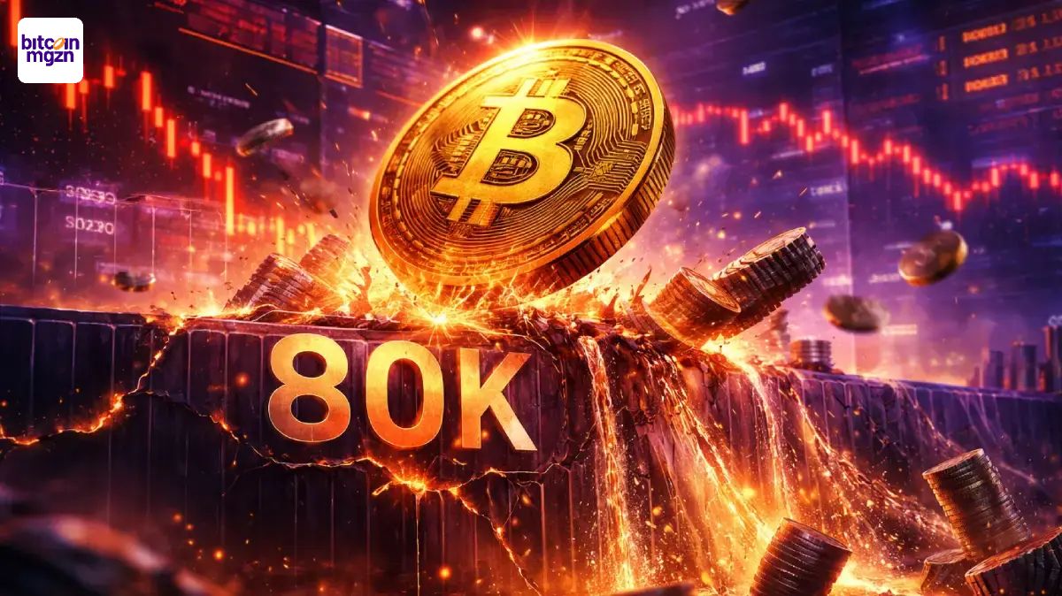 Bitcoin breekt 80K support in een paarse trading scene met rode charts en een liquidatiegolf die omlaag stroomt