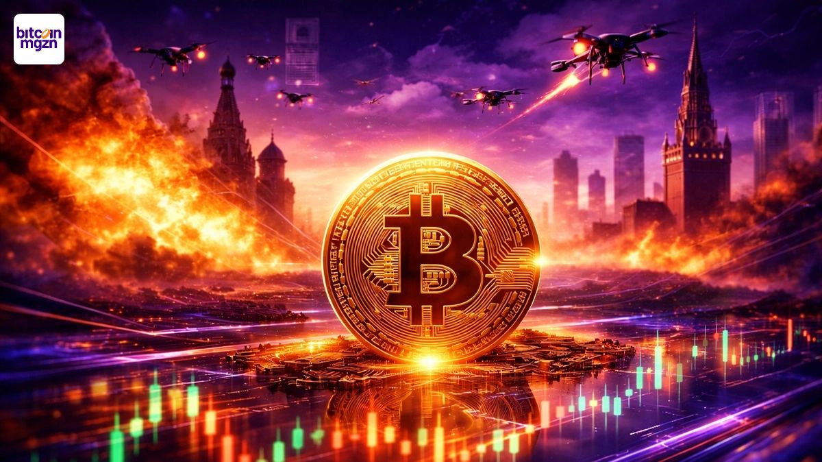 Bitcoin voor financiële grafieken en een stadsbeeld in paars-oranje licht, met subtiele signalen van geopolitieke spanning.