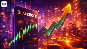 BlackRock in neonlicht met stijgende grafiek en kluisgevoel rond BTC en ETH, passend bij ETF-instroom.