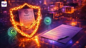 Illustratie over blockchain en IP met focus op ownership, usage tracking en licensing