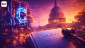 Coinbase rond CLARITY Act: CLARITY ACT-document en hamer met het Capitool in paarse en oranje neon gloed.