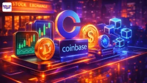 Visuele weergave van de Coinbase strategie voor 2026 met multi-asset trading, stablecoins en on-chain infrastructuur