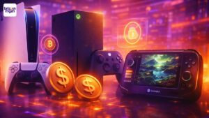Crypto in Gaming met consoles, handheld en stablecoin munten in paars oranje neon, futuristische betaal sfeer